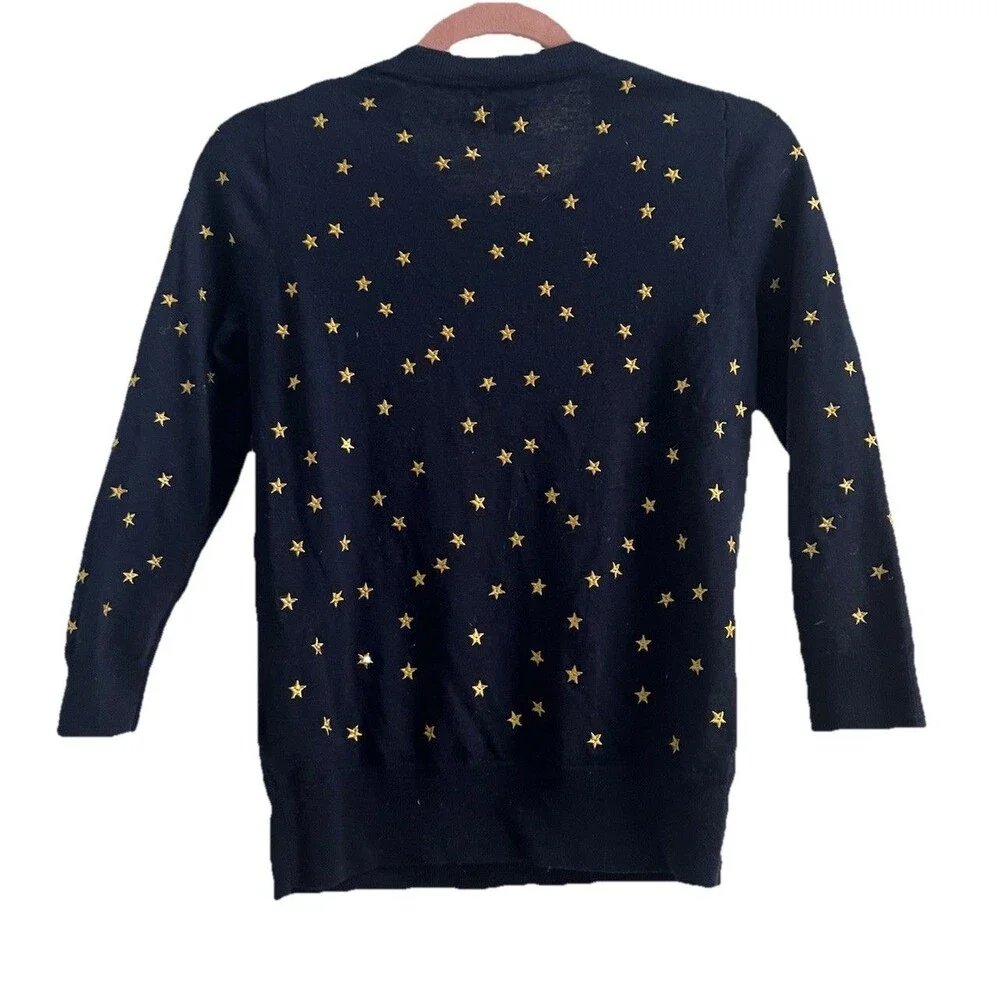 J. Crew Tippi Navy Sweater Embroidered Gold Stars 100% Merino Wool Size Small